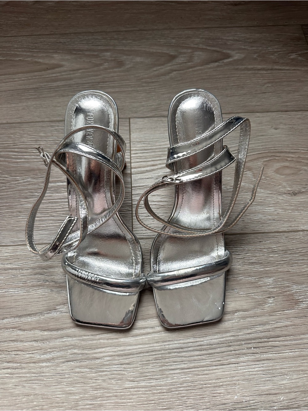 Forever 21 Silver Strappy Square-Toe Heels